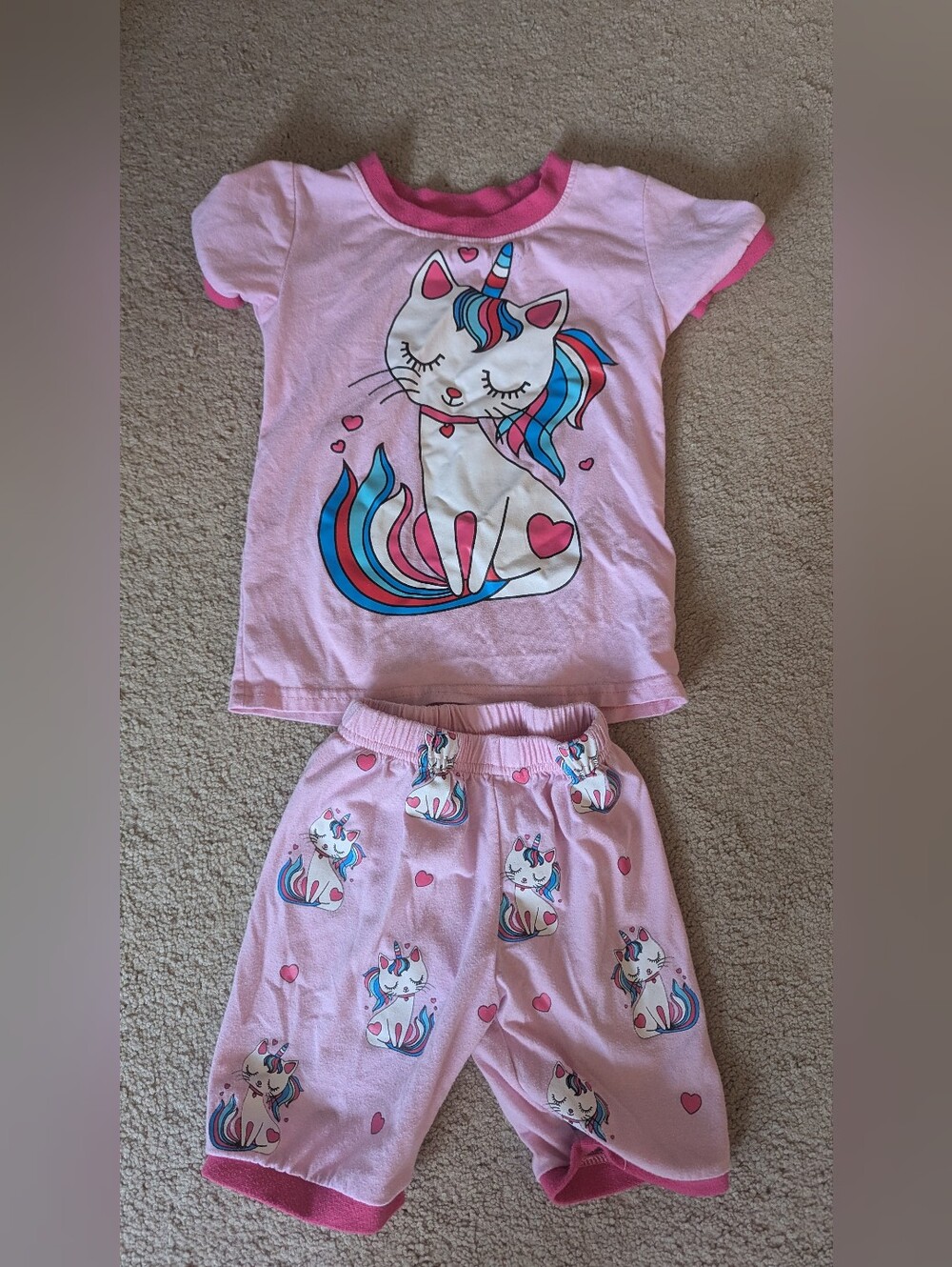 Pink Unicorn Cat Kids Pajama Set - Short Sleeve Top & Shorts